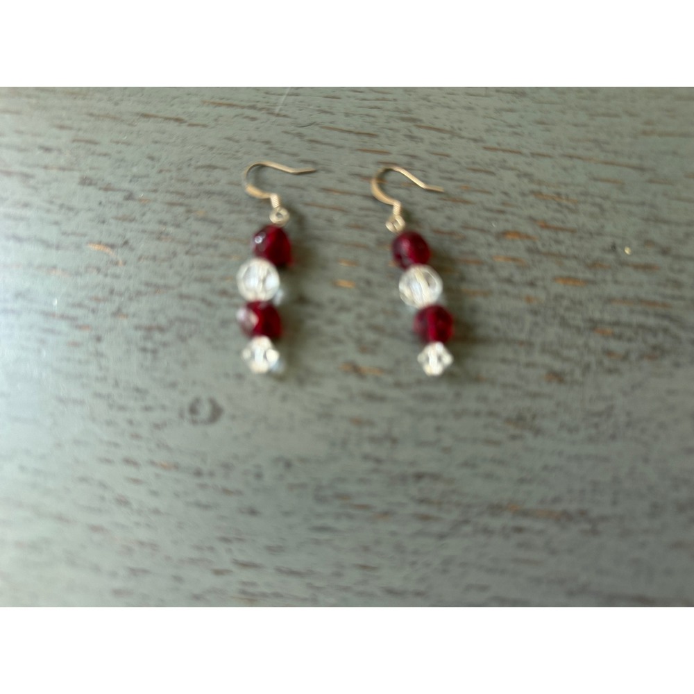 Handmade Red and Clear Faceted Glass Bead Dangle Drop Earrings Gold Tone Hooks